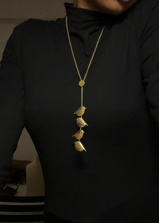 Golden Birds Vertical Pendant Necklace