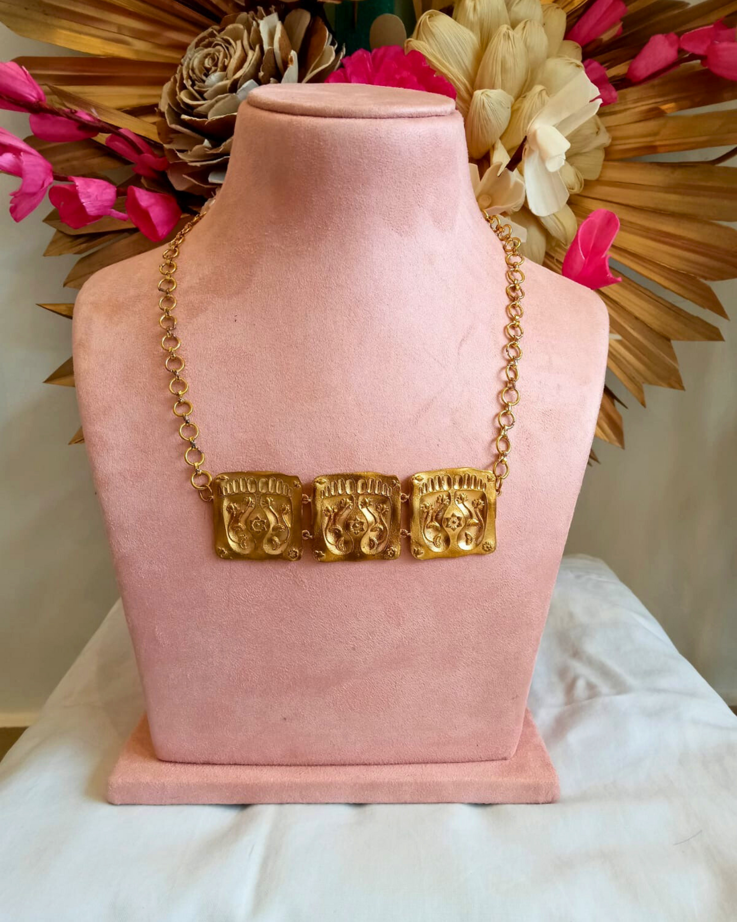 Padma Set – Footprint & Lotus Motif Brass Necklace & Earrings