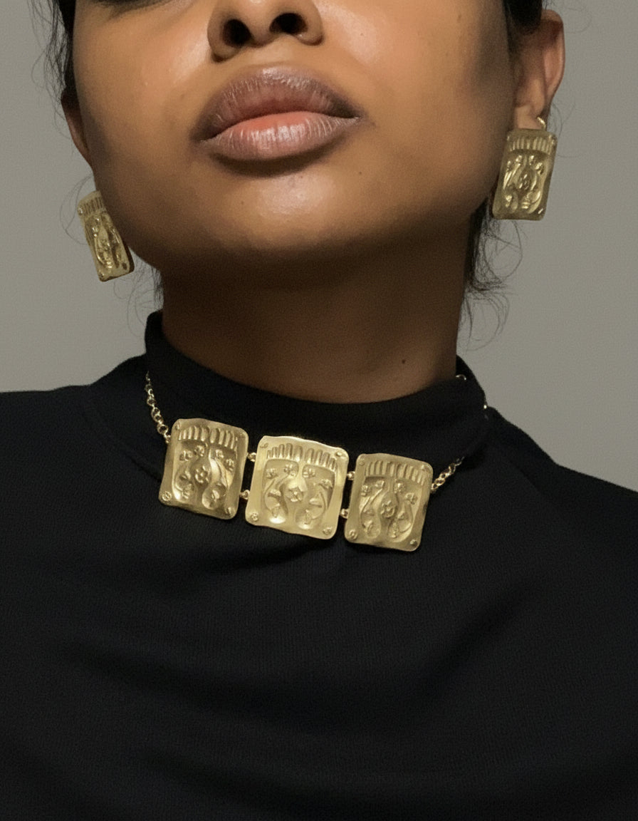 Padma Set – Footprint & Lotus Motif Brass Necklace & Earrings