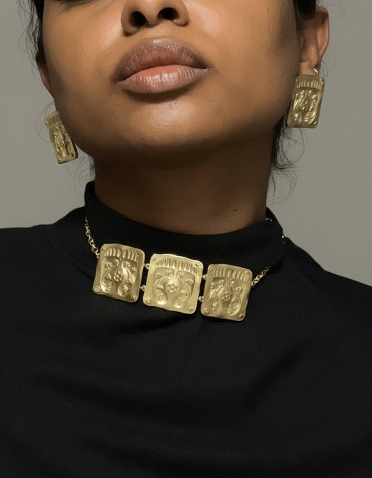Padma Set – Footprint & Lotus Motif Brass Necklace & Earrings