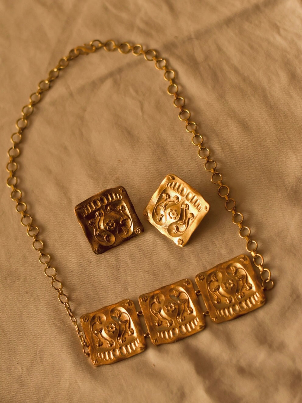 Padma Set – Footprint & Lotus Motif Brass Necklace & Earrings